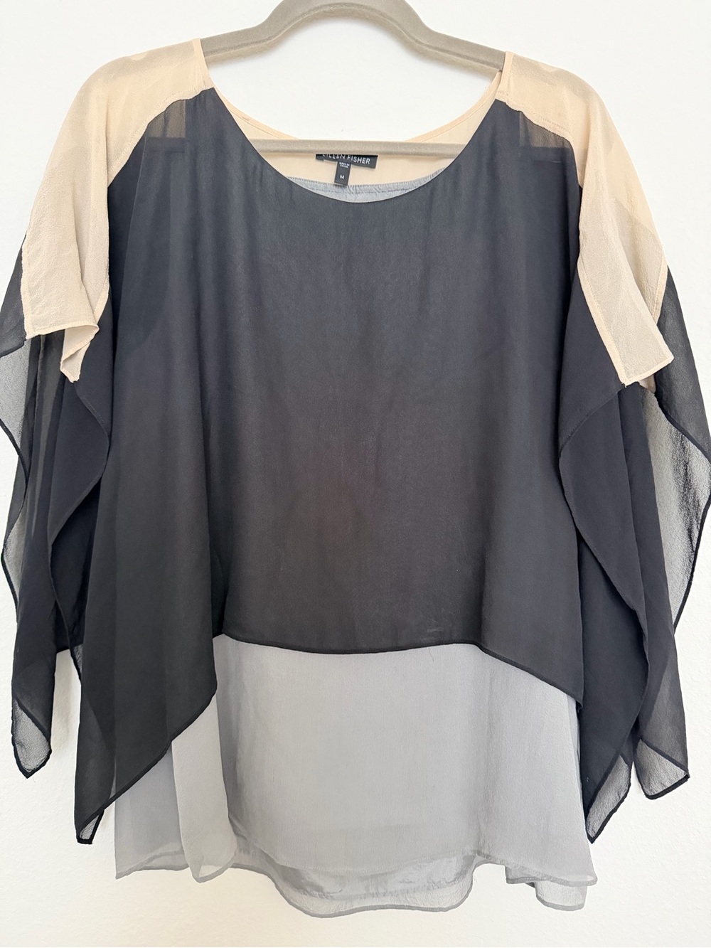 Eileen Fisher Black and Cream 100% Silk Layered Blouse Size M